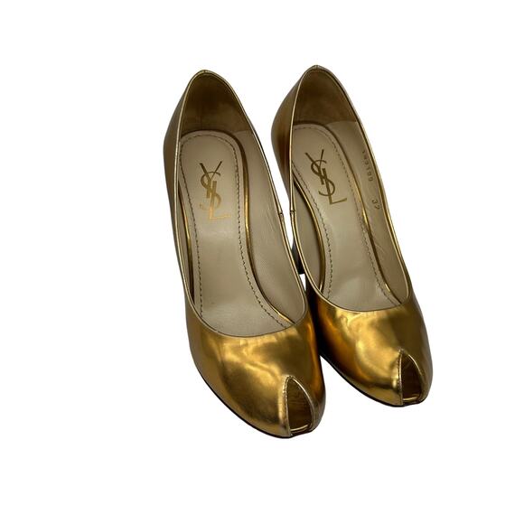 Yves Saint Laurent Metallic Gold Chunky Heel Peep Toe Pumps EUC 37 US 6.5 - Picture 2 of 16